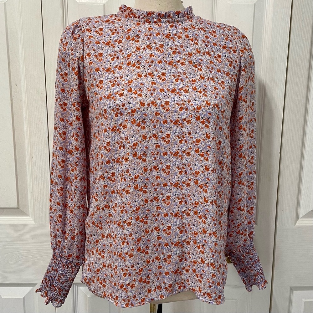cupcakes & cashmere Floral Blouse with Smocked Cuffs in Orange and Purple